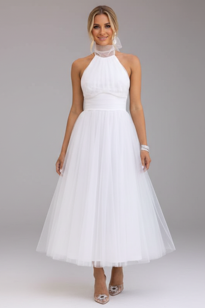 Women’s Midi Dress with Halter Neck and Layered Skirt