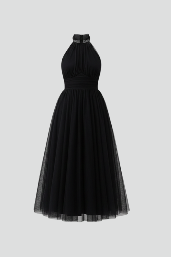 Women’s Midi Dress with Halter Neck and Layered Skirt