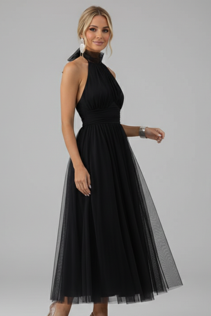 Women’s Midi Dress with Halter Neck and Layered Skirt