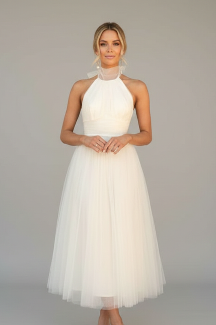 Women’s Midi Dress with Halter Neck and Layered Skirt