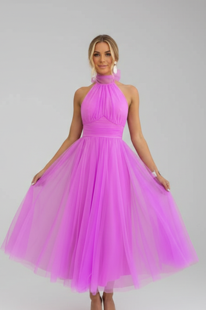 Women’s Midi Dress with Halter Neck and Layered Skirt