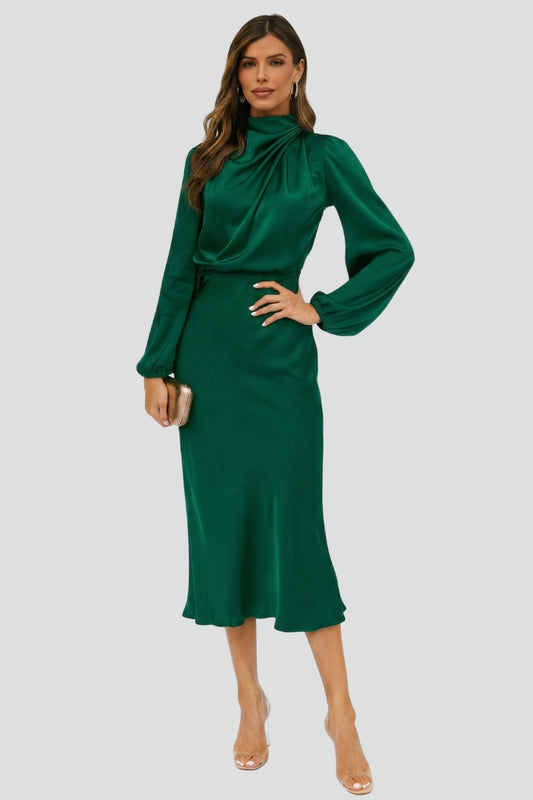 Women’s Midi Dress with High Neckline and Long Sleeves
