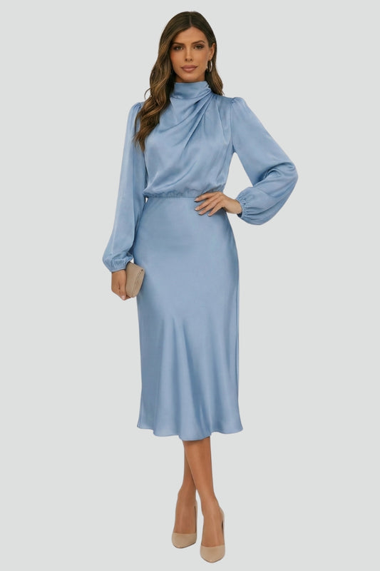 Women’s Midi Dress with High Neckline and Long Sleeves