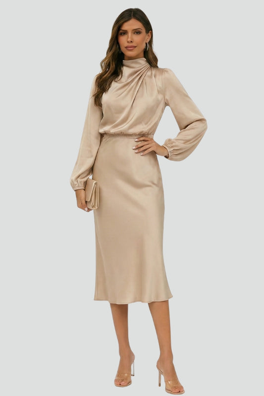 Women’s Midi Dress with High Neckline and Long Sleeves