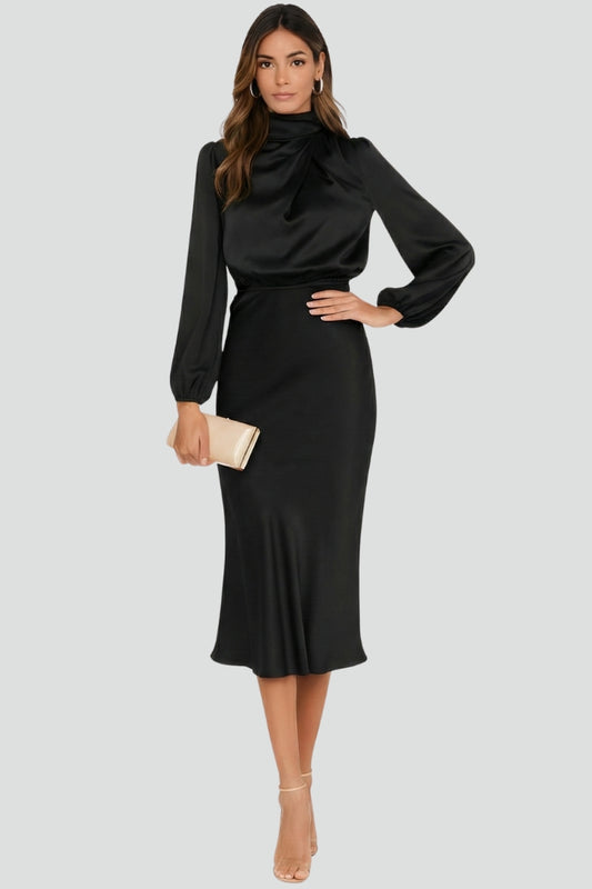 Women’s Midi Dress with High Neckline and Long Sleeves