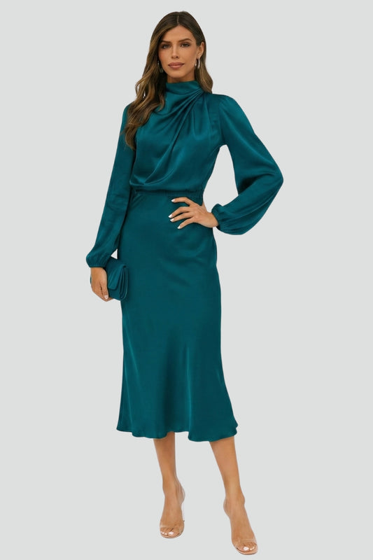 Women’s Midi Dress with High Neckline and Long Sleeves