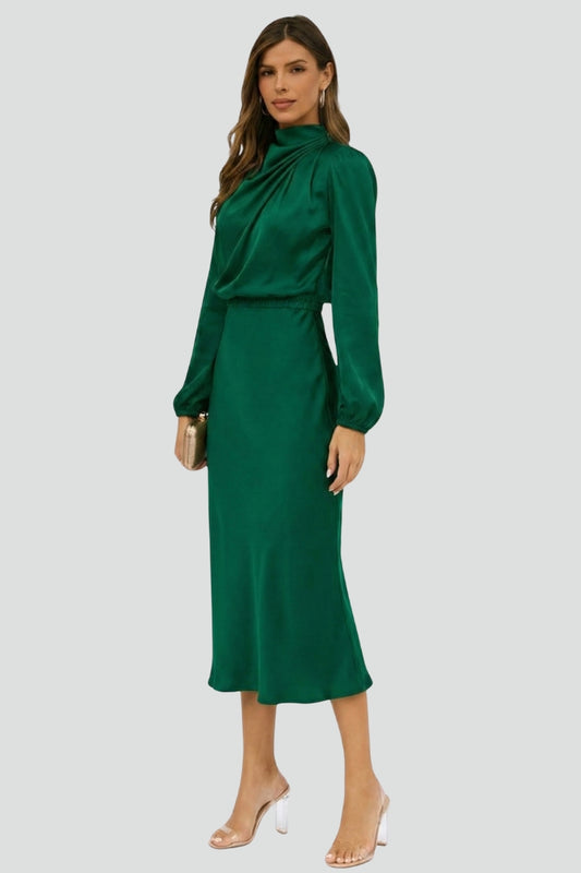 Women’s Midi Dress with High Neckline and Long Sleeves
