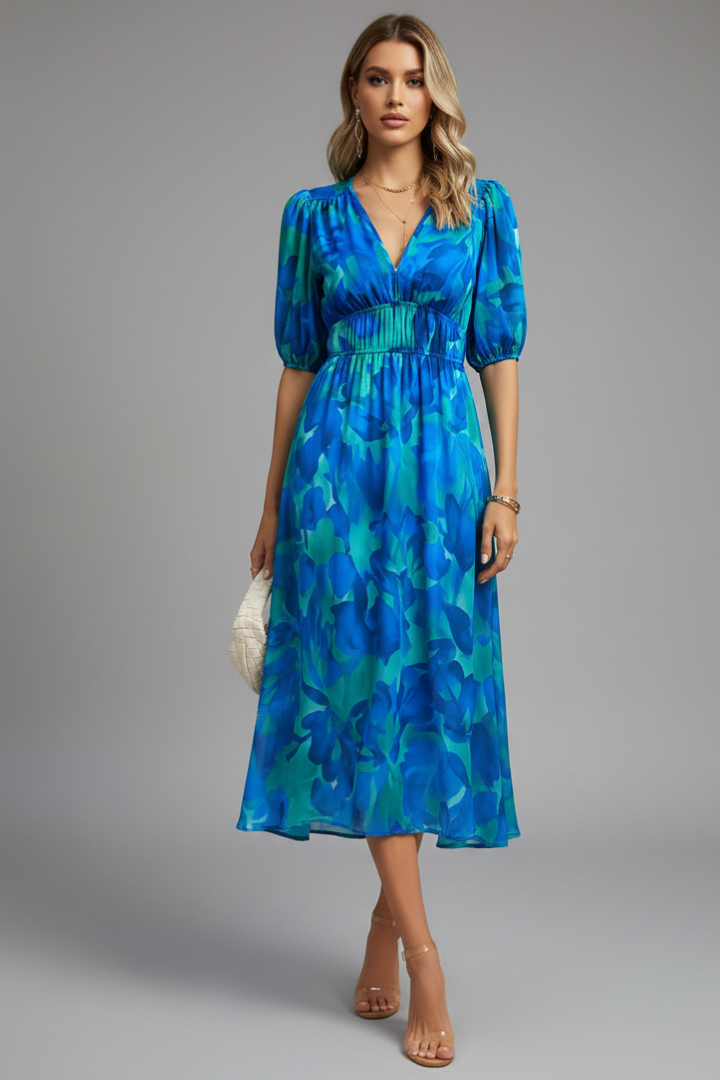Women’s Midi Dress with Puff Sleeves and Floral Print