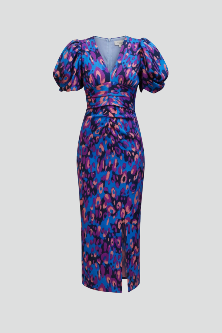 Women’s Midi Dress with Puff Sleeves and Ruched Waist