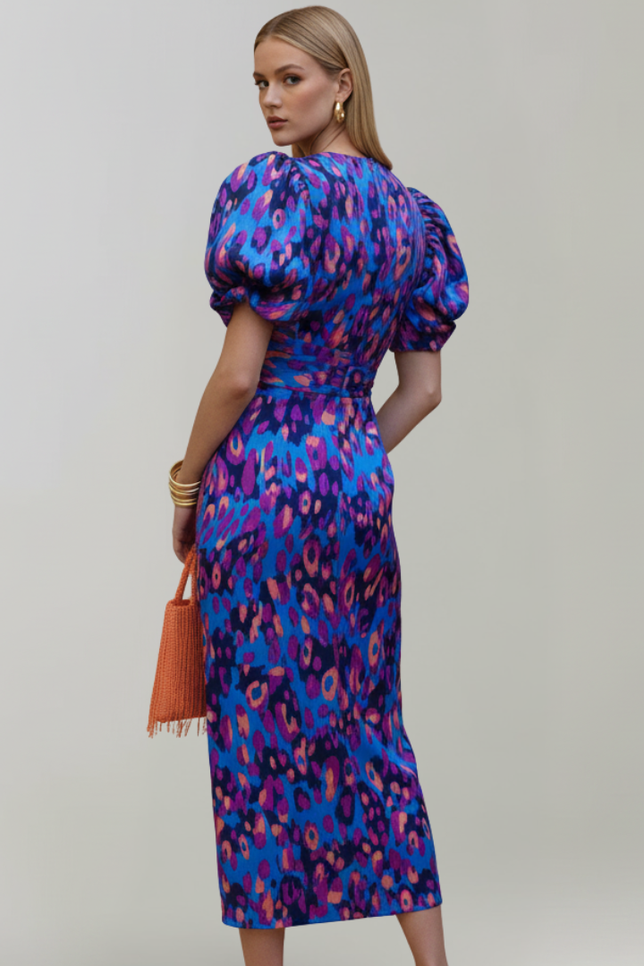 Women’s Midi Dress with Puff Sleeves and Ruched Waist