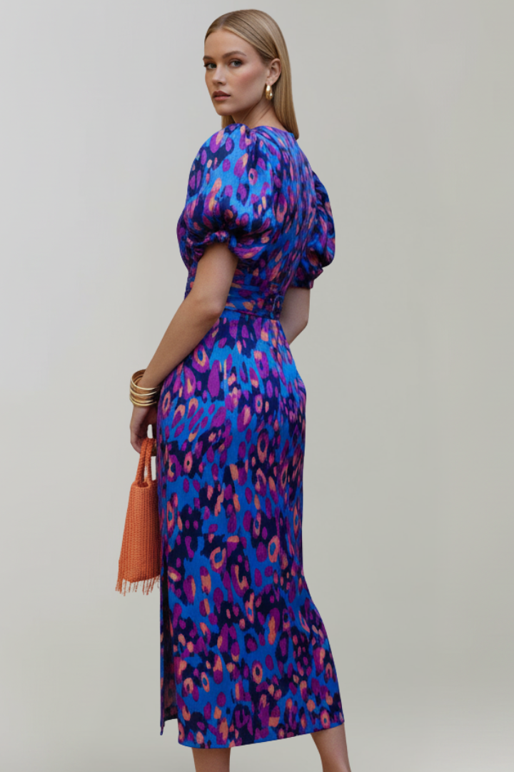 Women’s Midi Dress with Puff Sleeves and Ruched Waist