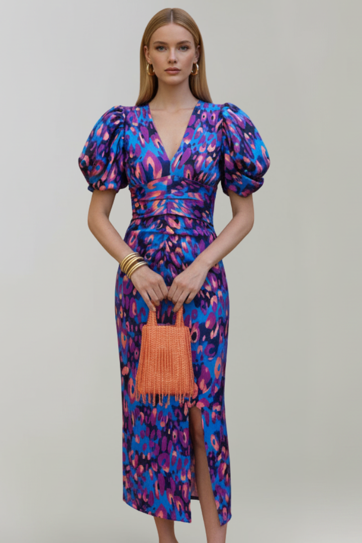 Women’s Midi Dress with Puff Sleeves and Ruched Waist