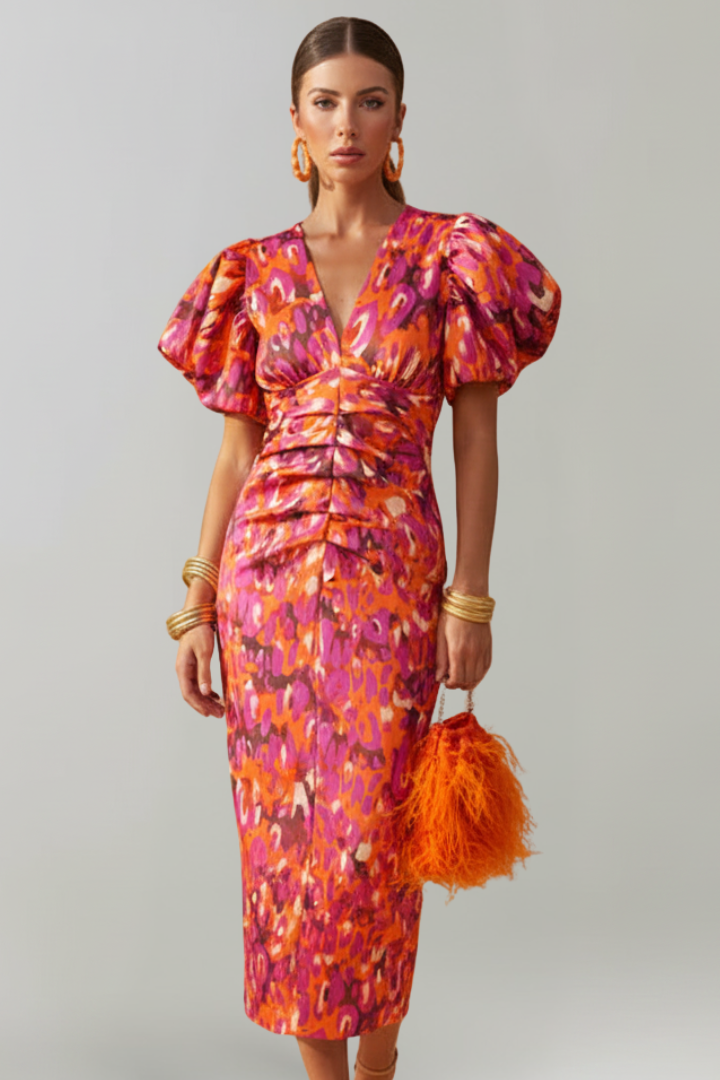 Women’s Midi Dress with Puff Sleeves and Ruched Waist