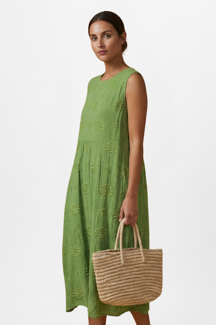 Women’s Midi Dress with Round Neck and Sleeveless Design