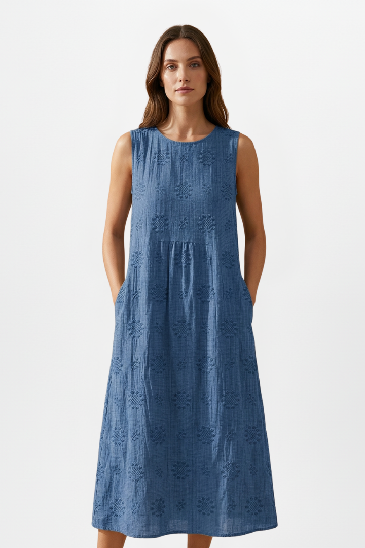 Women’s Midi Dress with Round Neck and Sleeveless Design