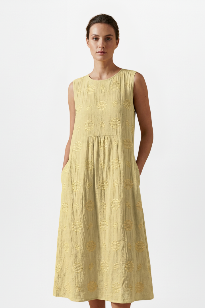 Women’s Midi Dress with Round Neck and Sleeveless Design