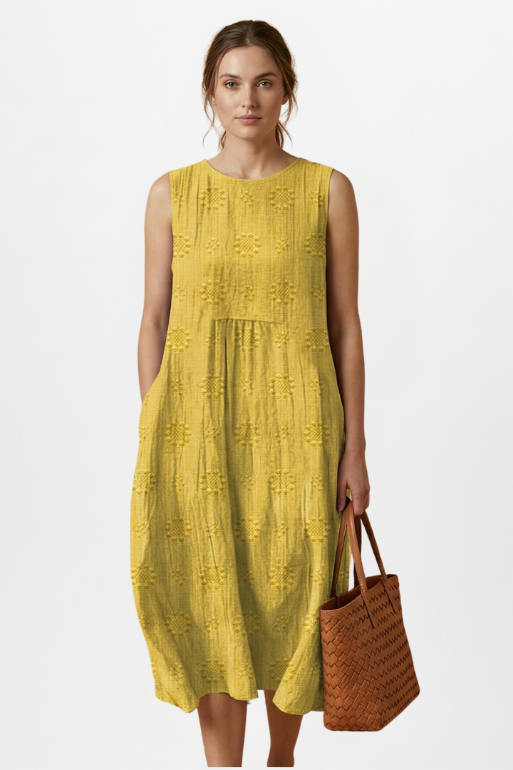 Women’s Midi Dress with Round Neck and Sleeveless Design