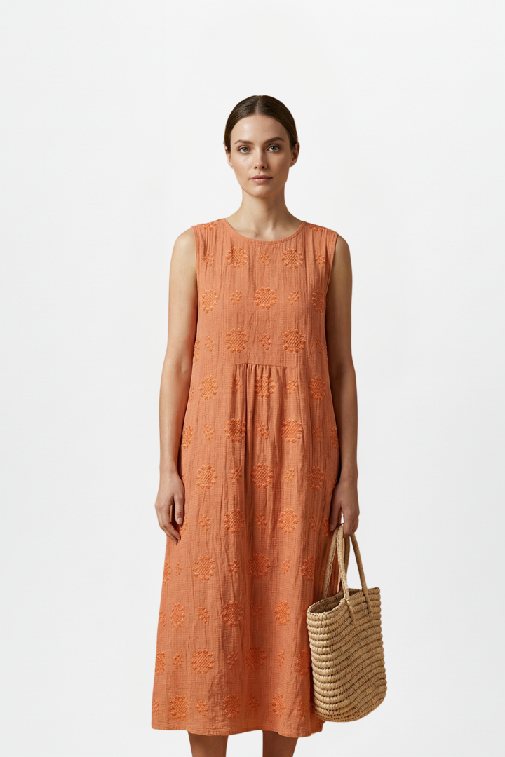 Women’s Midi Dress with Round Neck and Sleeveless Design