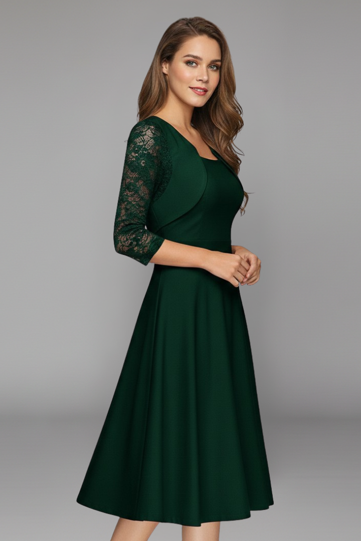 Women’s Midi Dress with Round Neckline and Lace Sleeves