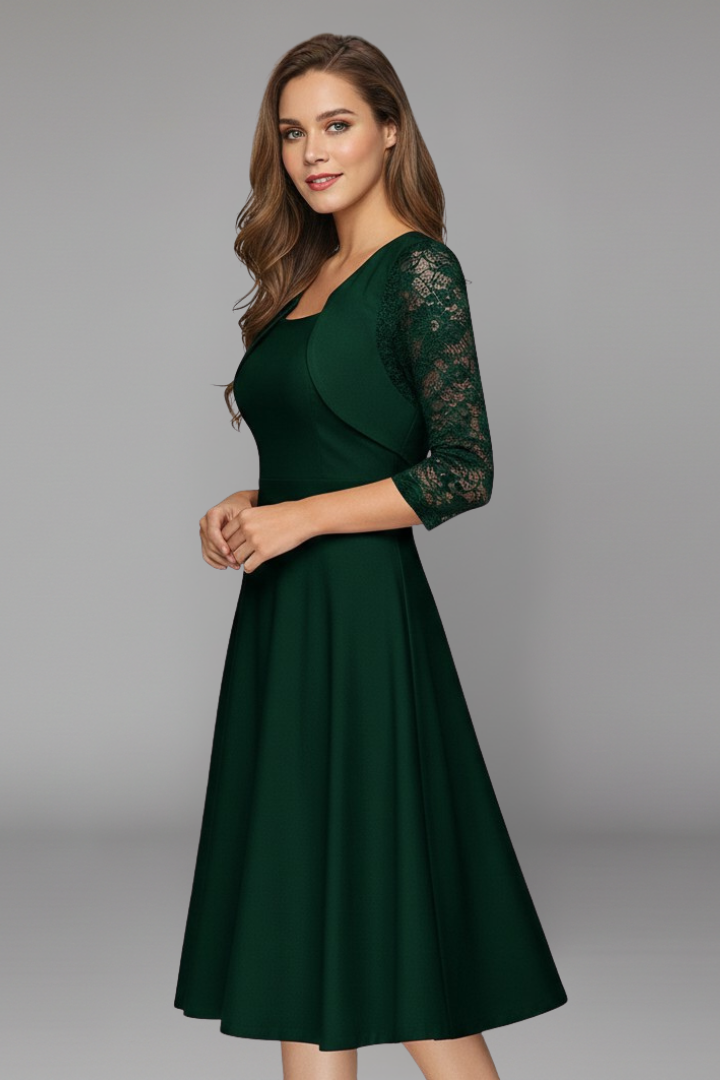 Women’s Midi Dress with Round Neckline and Lace Sleeves