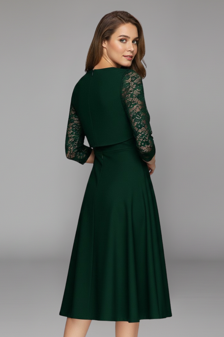 Women’s Midi Dress with Round Neckline and Lace Sleeves