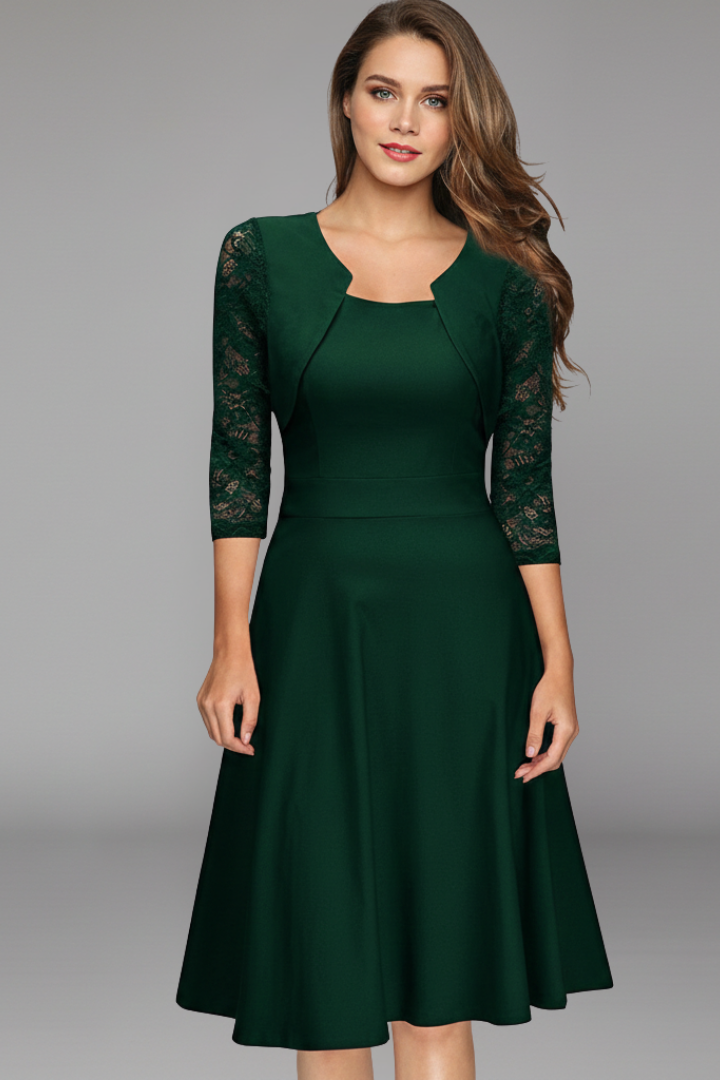 Women’s Midi Dress with Round Neckline and Lace Sleeves
