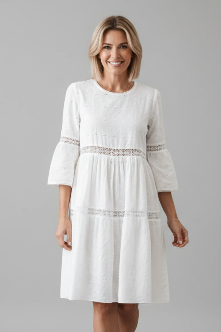 Women’s Midi Dress with Round Neckline and Long Sleeves