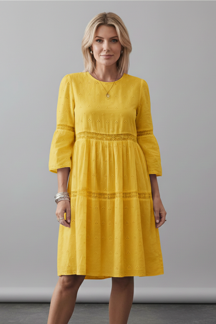 Women’s Midi Dress with Round Neckline and Long Sleeves