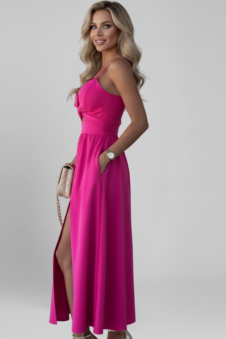 Women’s Midi Dress with Shoulder Straps and Front Slit