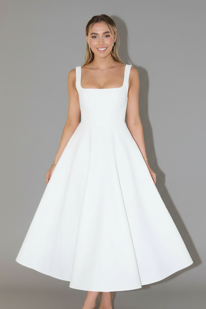 Women’s Midi Dress with Square Neckline and High Waist