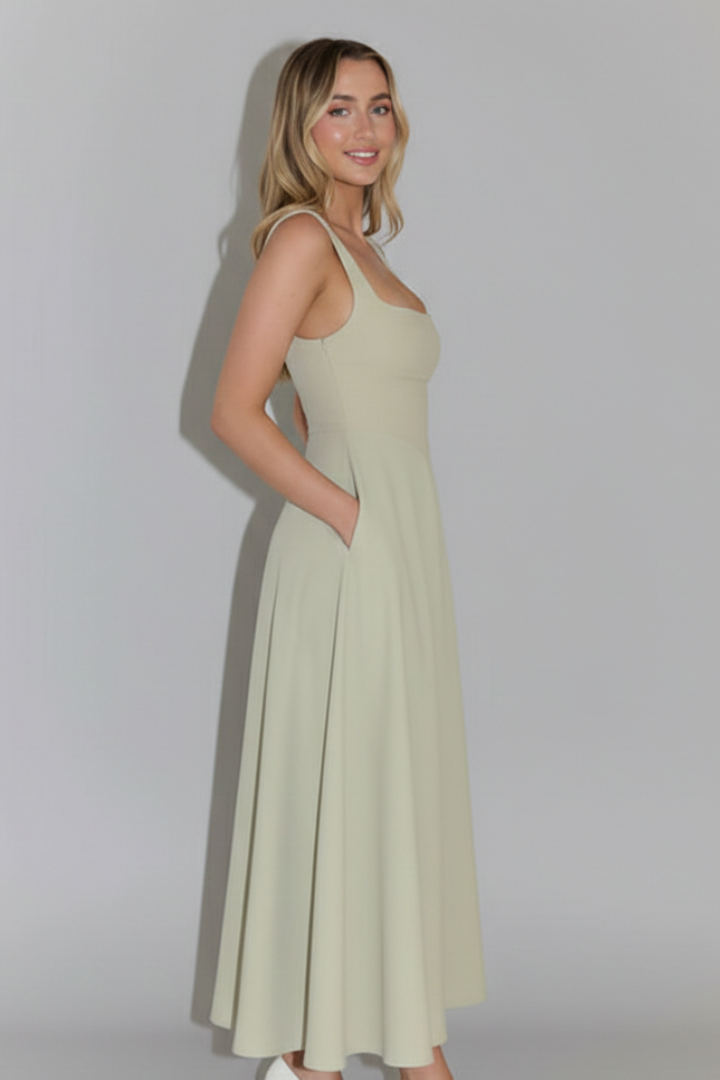 Women’s Midi Dress with Square Neckline and High Waist