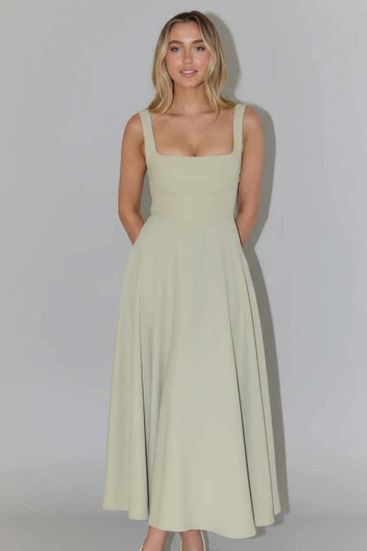 Women’s Midi Dress with Square Neckline and High Waist