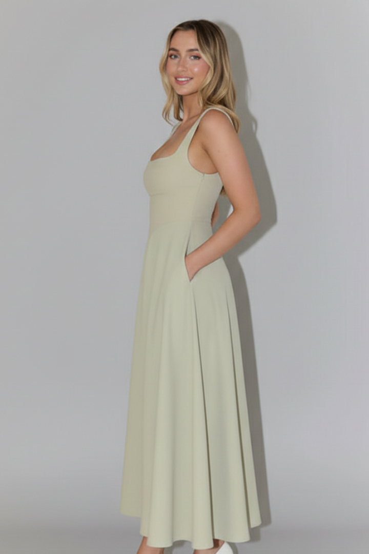 Women’s Midi Dress with Square Neckline and High Waist