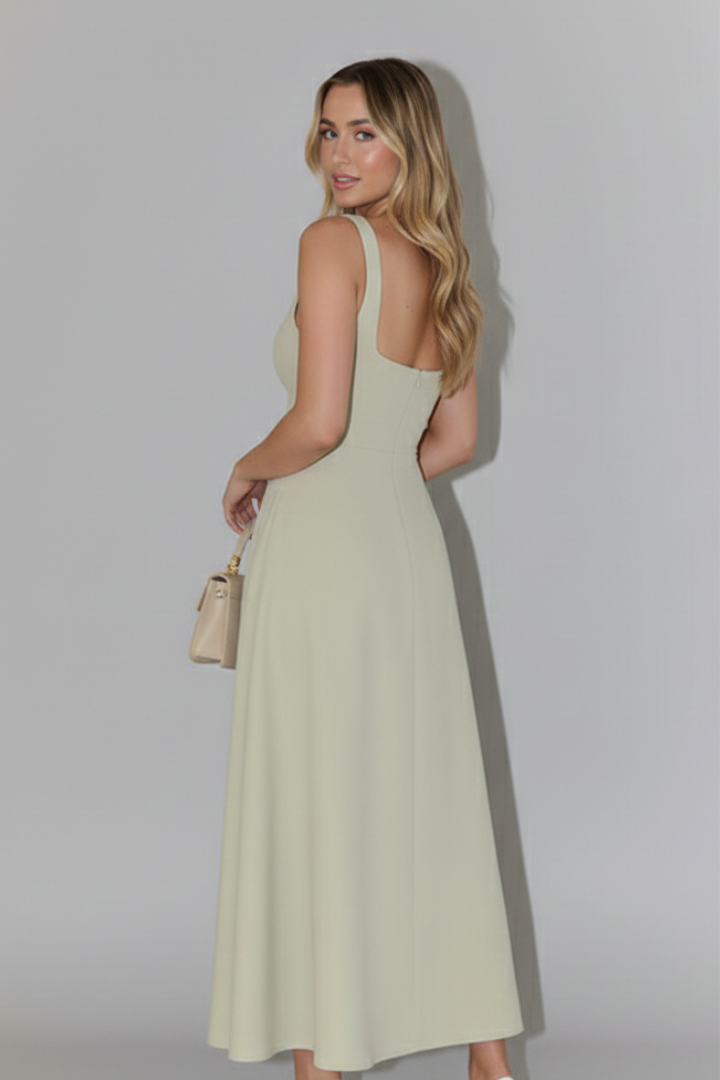 Women’s Midi Dress with Square Neckline and High Waist