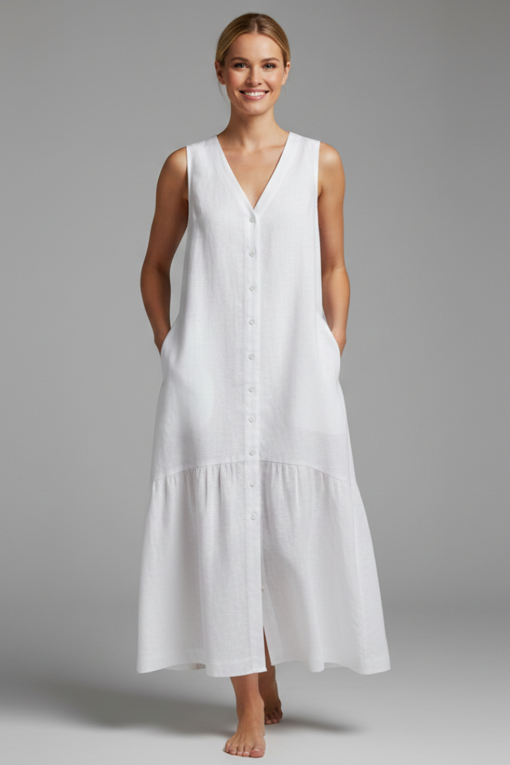 Women’s Midi Dress with V-Neck and Button Front