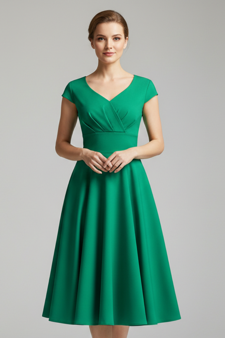 Women’s Midi Dress with V-Neck and Defined Waist