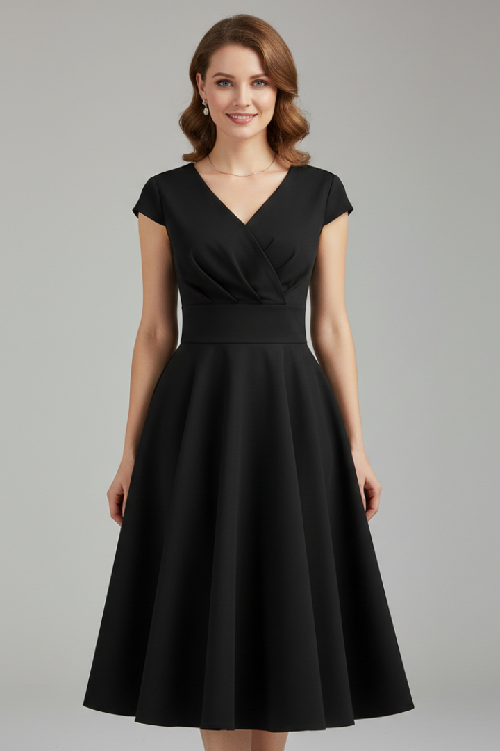 Women’s Midi Dress with V-Neck and Defined Waist