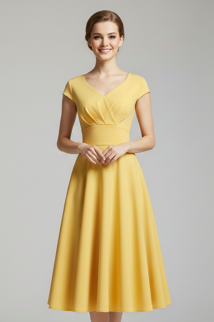 Women’s Midi Dress with V-Neck and Defined Waist