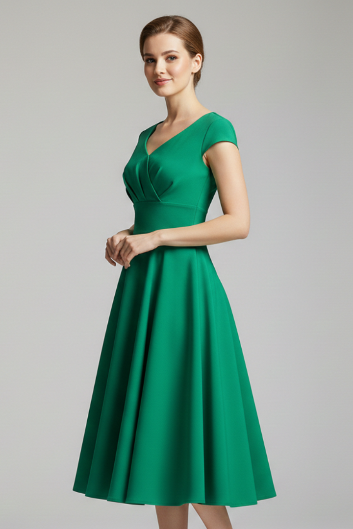 Women’s Midi Dress with V-Neck and Defined Waist