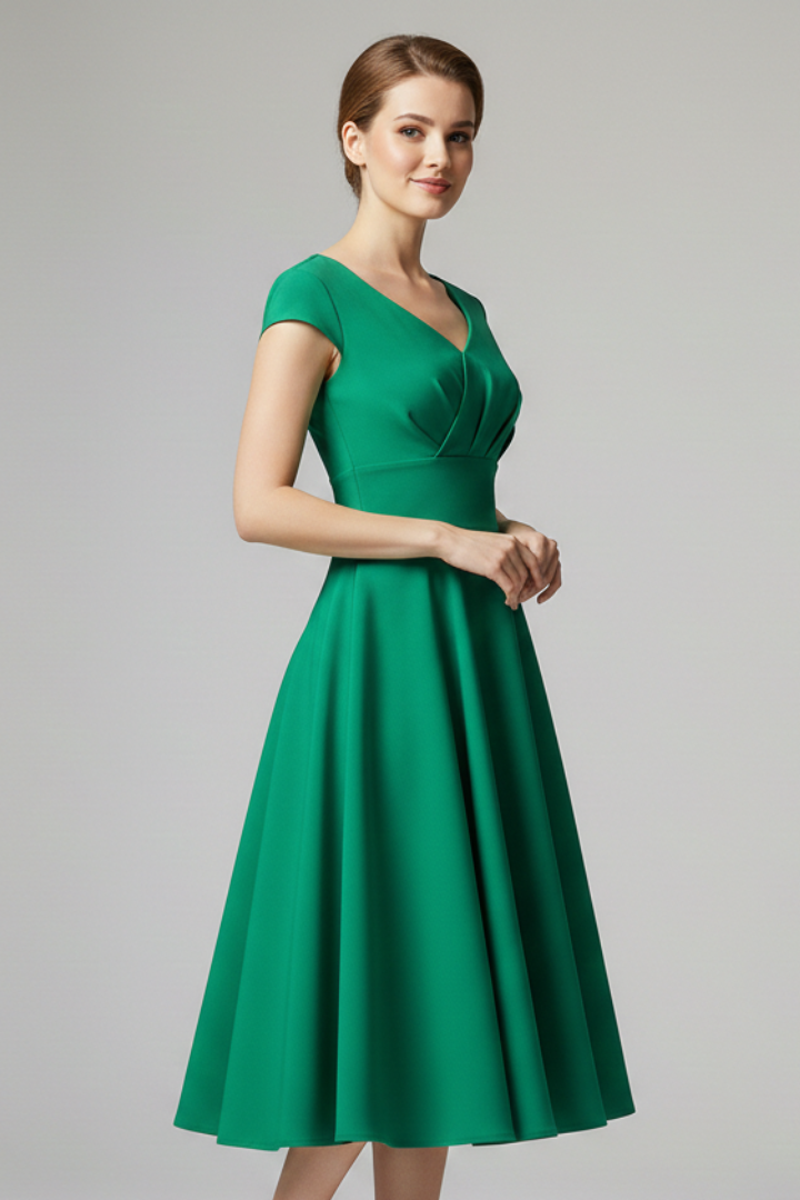 Women’s Midi Dress with V-Neck and Defined Waist