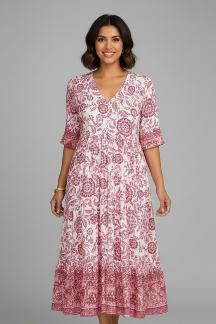 Women’s Midi Dress with V-Neck and Short Sleeves