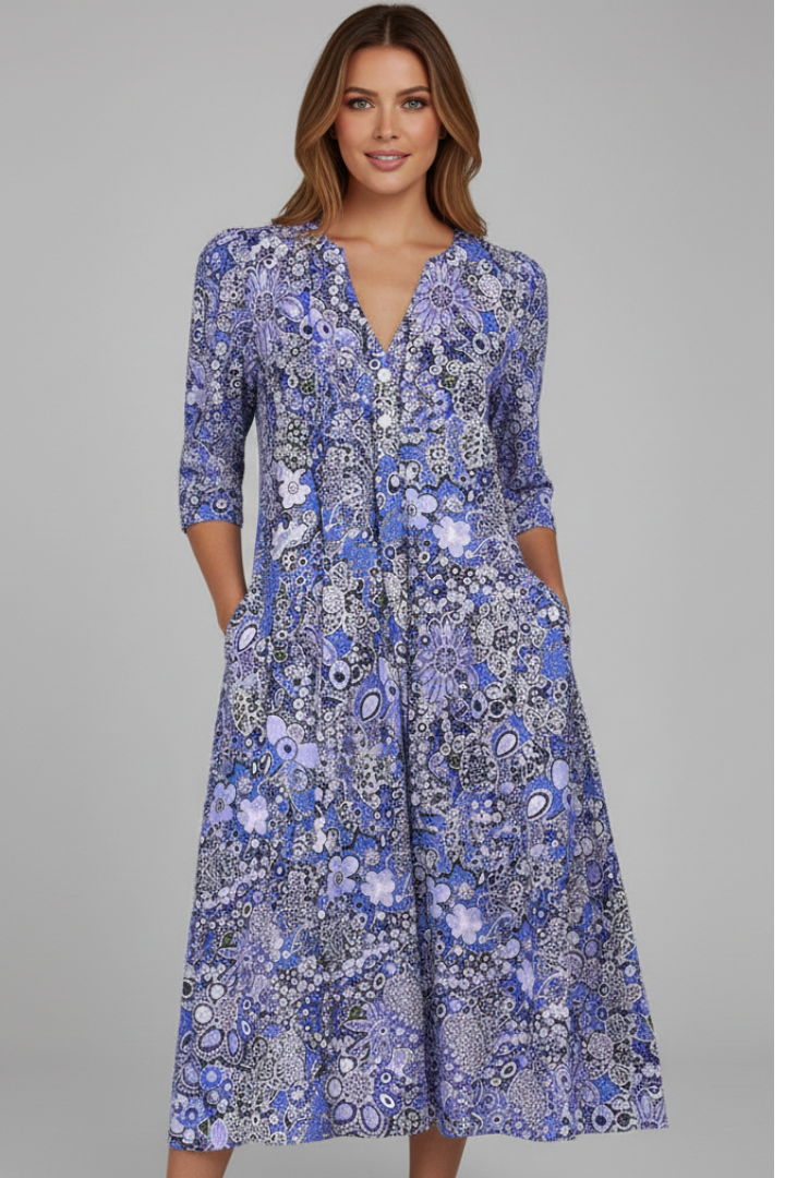 Women’s Midi Dress with V-Neck and Three-Quarter Sleeves