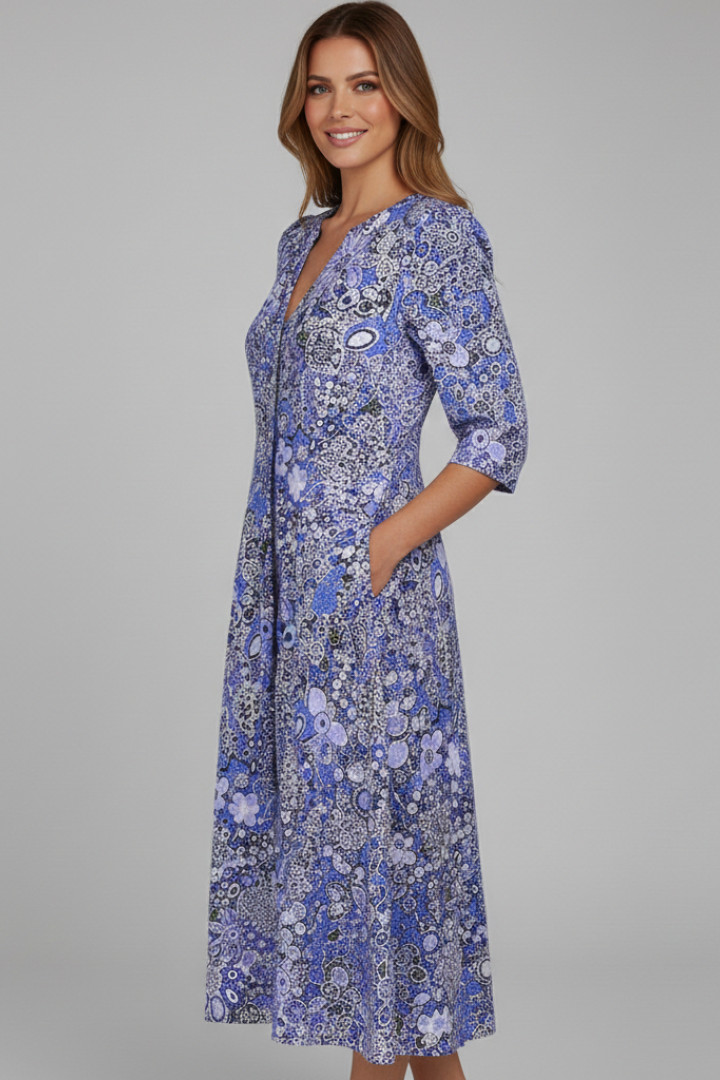 Women’s Midi Dress with V-Neck and Three-Quarter Sleeves