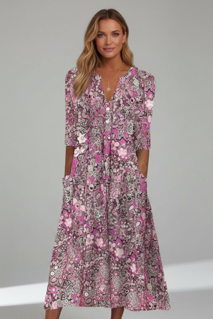 Women’s Midi Dress with V-Neck and Three-Quarter Sleeves