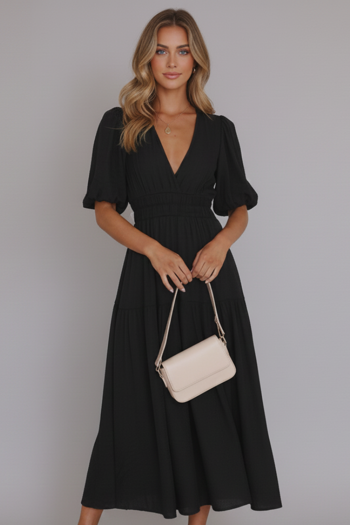 Women’s Midi Dress with V-Neck and Tiered Hem