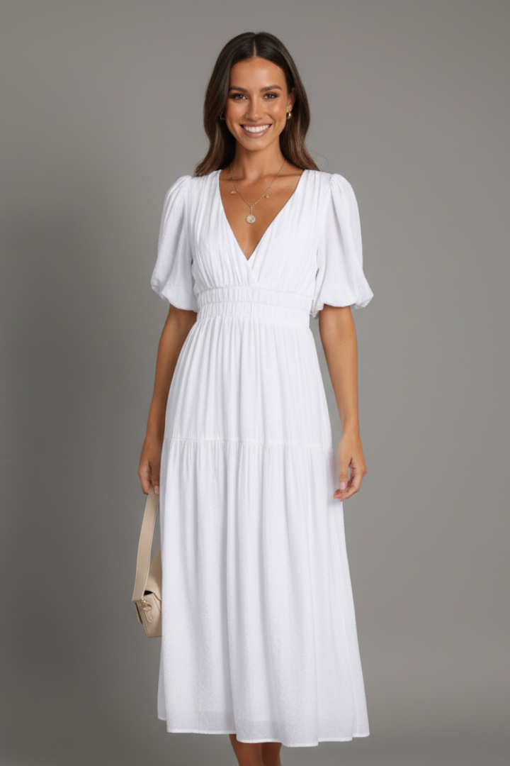 Women’s Midi Dress with V-Neck and Tiered Hem