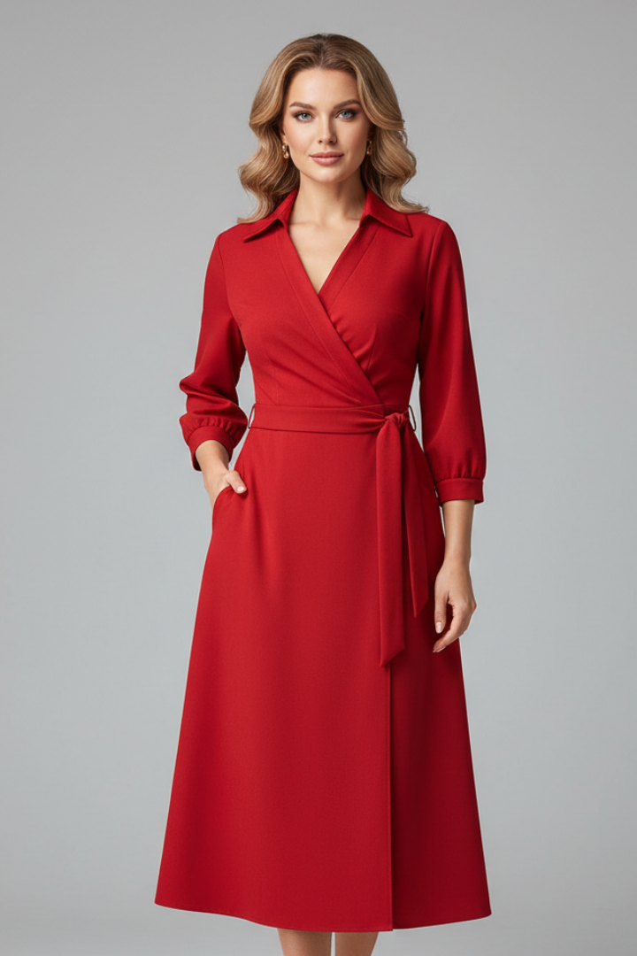 Women’s Midi Dress with V-Shaped Neckline and Long Sleeves