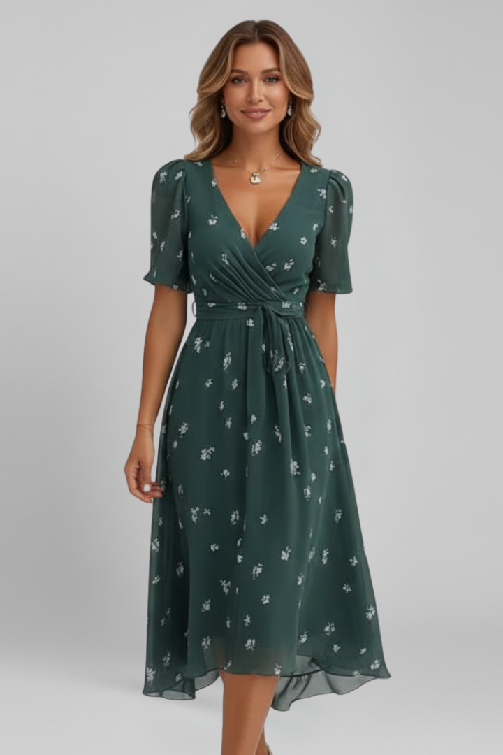 Women’s Midi Dress with V Neck and Pattern