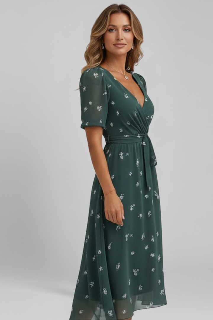 Women’s Midi Dress with V Neck and Pattern
