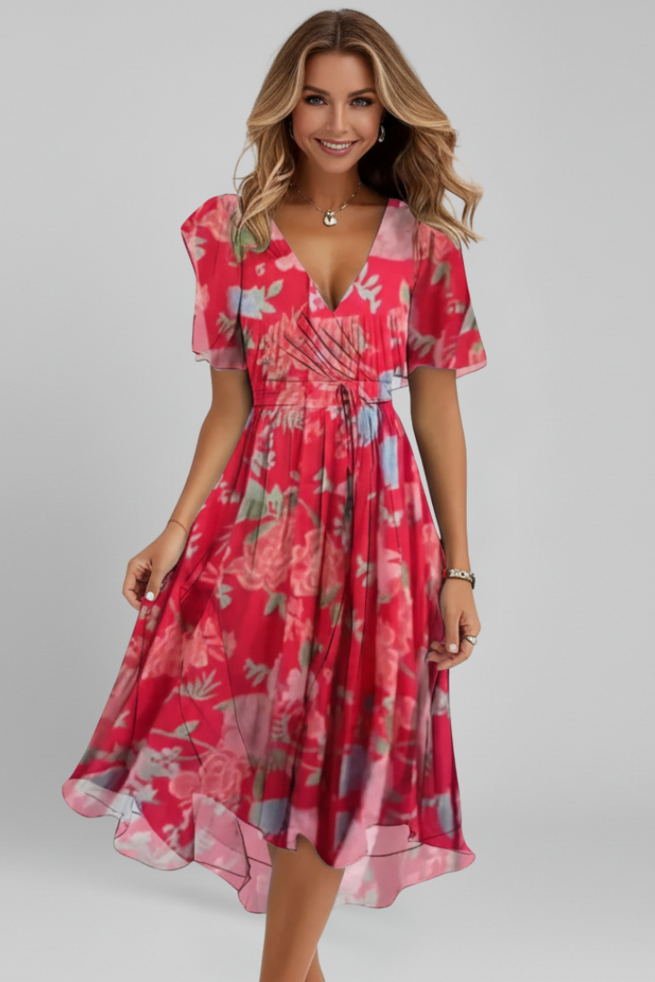 Women’s Midi Dress with V Neck and Pattern